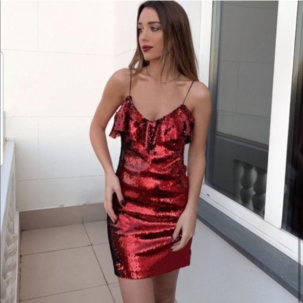 NWT ZARA Red Sequins Ruffle Neckline Mini Dress. Size XS - Picture 10 of 13